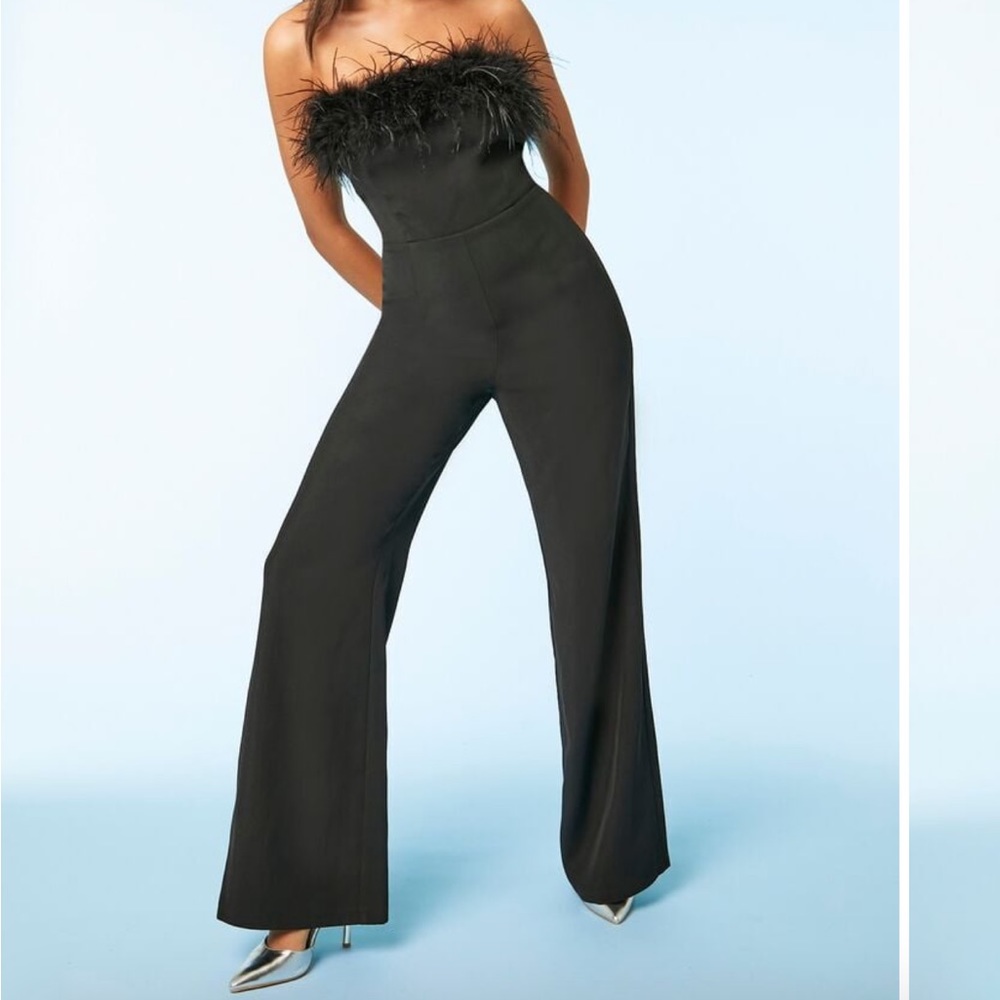 Black Feathered Top Strapless Jumpsuit